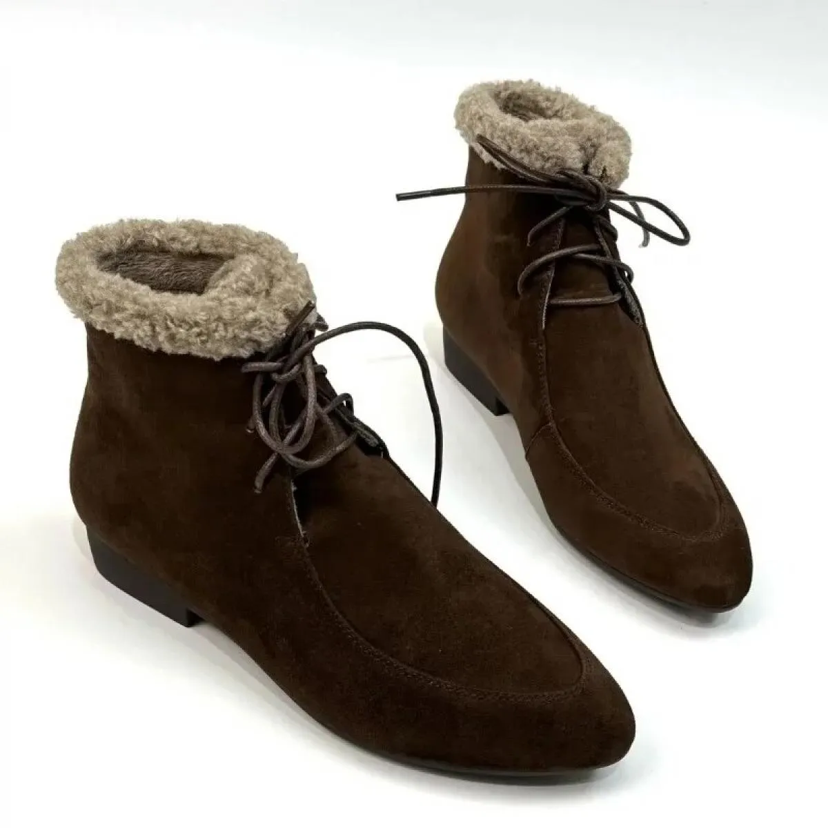 2024 Moda Vendita Calda Tacco Quadrato Scarpe da Donna Stivali Alla Caviglia in Pelle Scamosciata Moderni Inverno Lace Up Punta