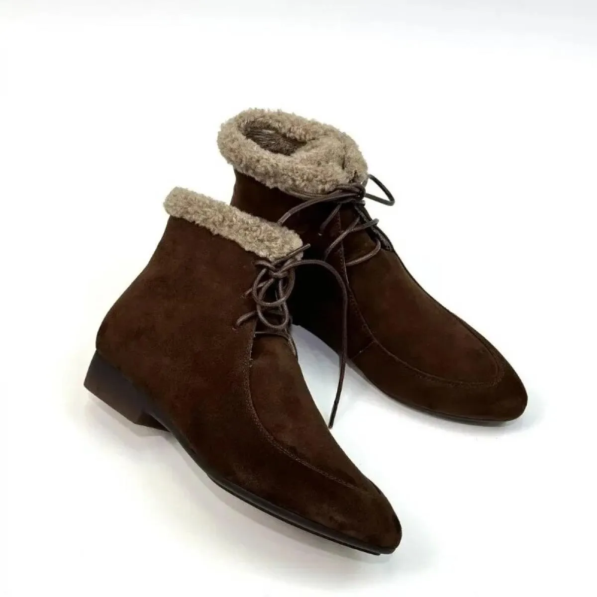 2024 Moda Vendita Calda Tacco Quadrato Scarpe da Donna Stivali Alla Caviglia in Pelle Scamosciata Moderni Inverno Lace Up Punta