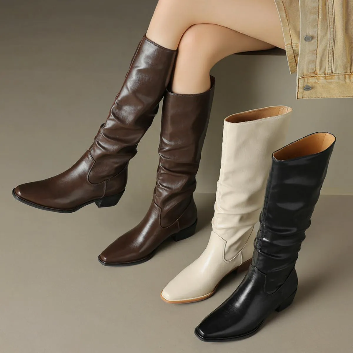 2024 Nuove Donne Stivali Alti Al Ginocchio Punta A Punta Spessa Tacchi Med Scarpe di Cuoio Genuini Donna Autunno Inverno Partito