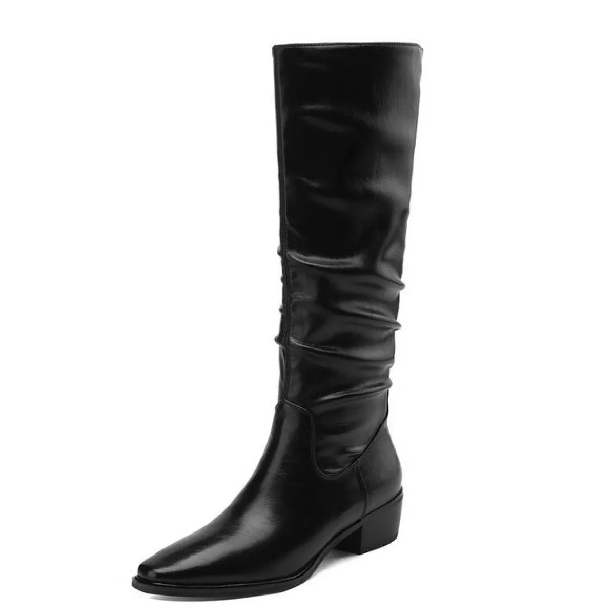 2024 Nuove Donne Stivali Alti Al Ginocchio Punta A Punta Spessa Tacchi Med Scarpe di Cuoio Genuini Donna Autunno Inverno Partito