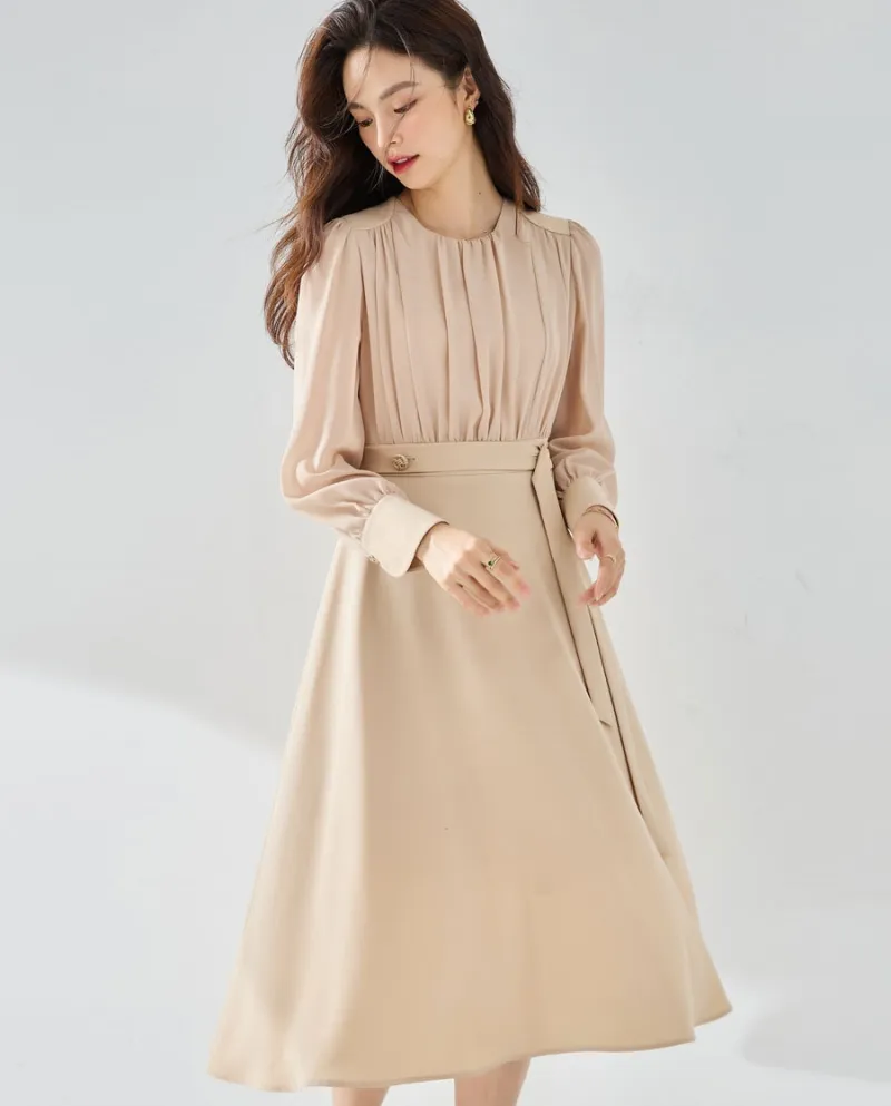 23 Nuova gonna autunnale a pieghe, elegante, sottile, minimalista, pendolare, quotidiana a maniche lunghe per donna 230
