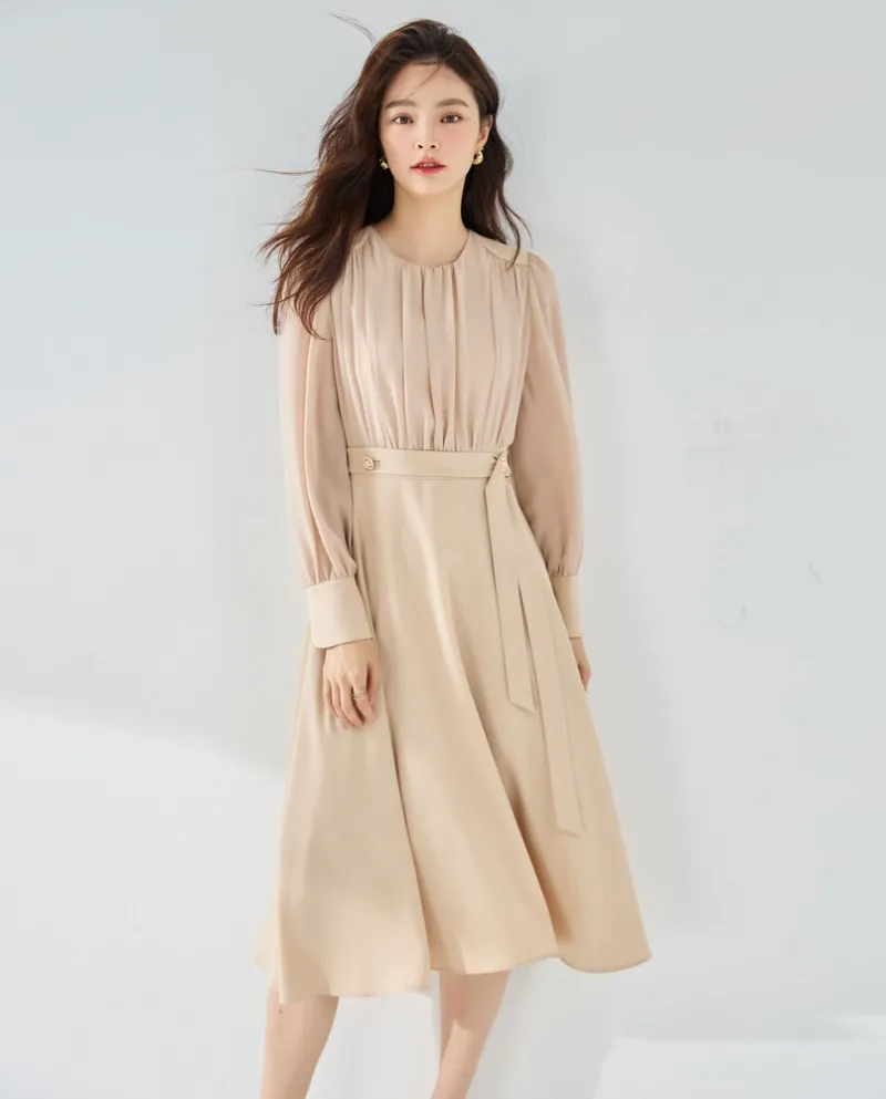 23 Nuova gonna autunnale a pieghe, elegante, sottile, minimalista, pendolare, quotidiana a maniche lunghe per donna 230