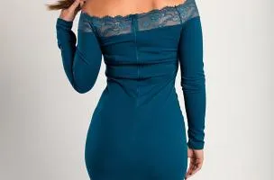 Abito elegante midi con maniche lunghe e dettagli in pizzo trasparente Avignone, petrolio