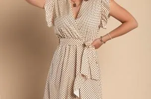 Abito midi a pois con dettagli arricciati, beige