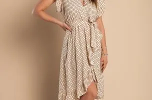 Abito midi a pois con dettagli arricciati, beige