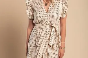 Abito midi a pois con dettagli arricciati, beige