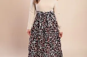 Abito midi con stampa leopardata, beige