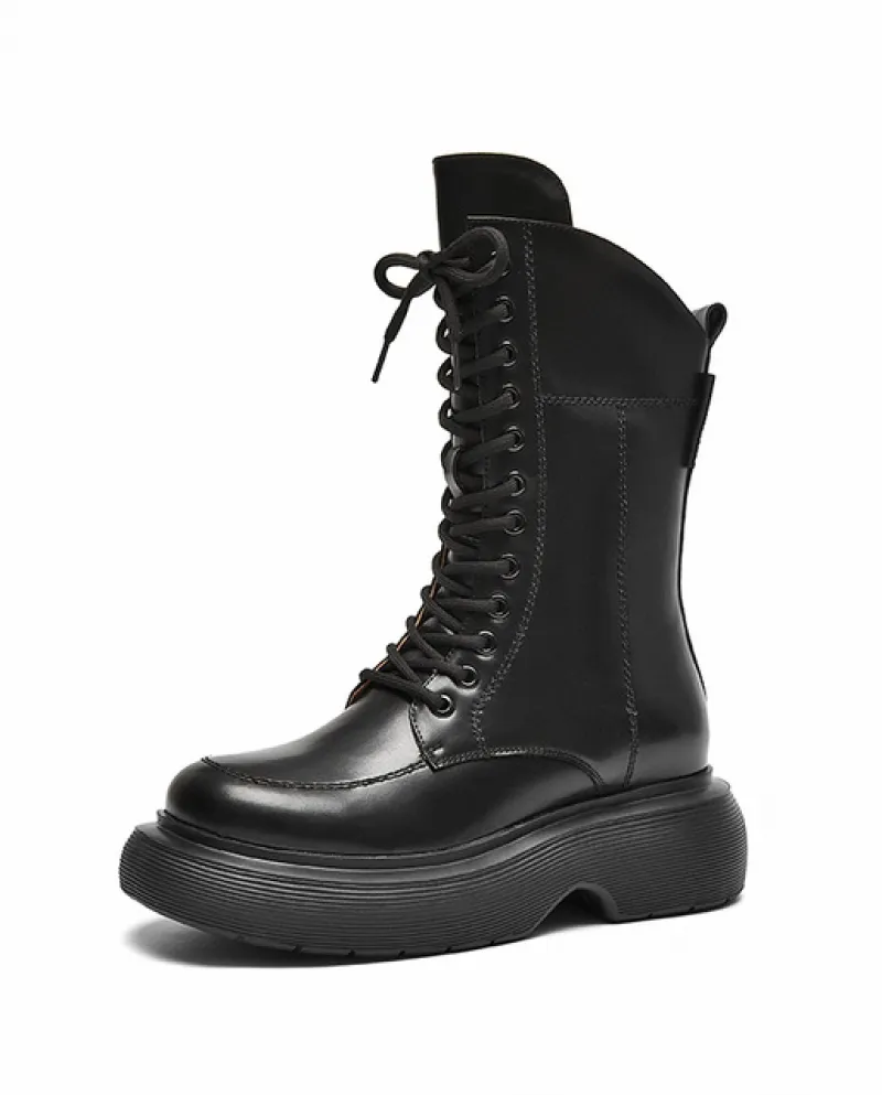 Beautoday Stivali da Moto Donna Piattaforma Pelle Sintetica Zip Laterale Stringata Occhielli in Metallo Decor Lady Midcalf Shoes