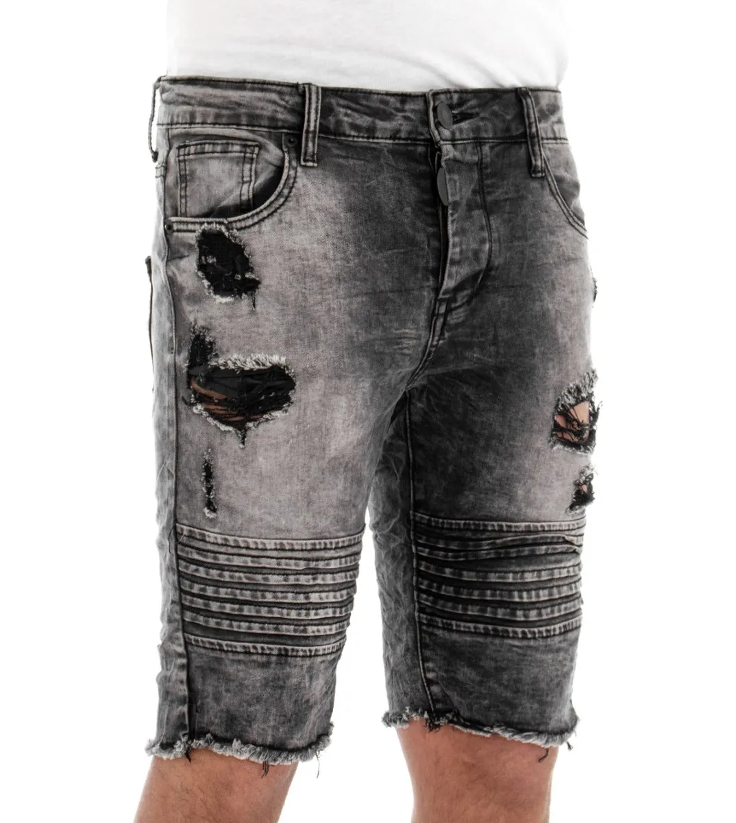 Bermuda Pantaloncino Uomo Corto Jeans Grigio Cinque Tasche Rotture Biker GIOSAL-PC1289A
