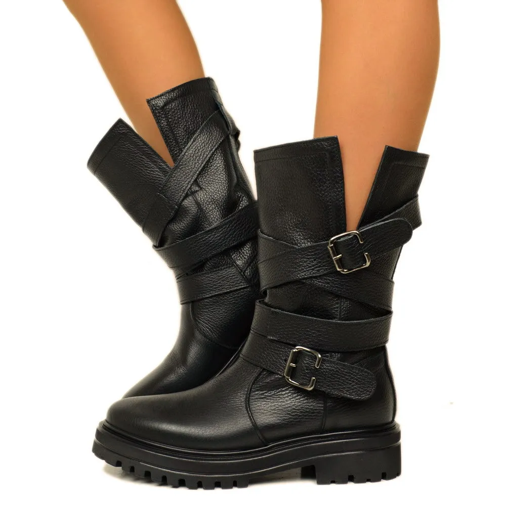 Biker Boots Donna in Pelle Bottalata Made in Italy con Fibbie