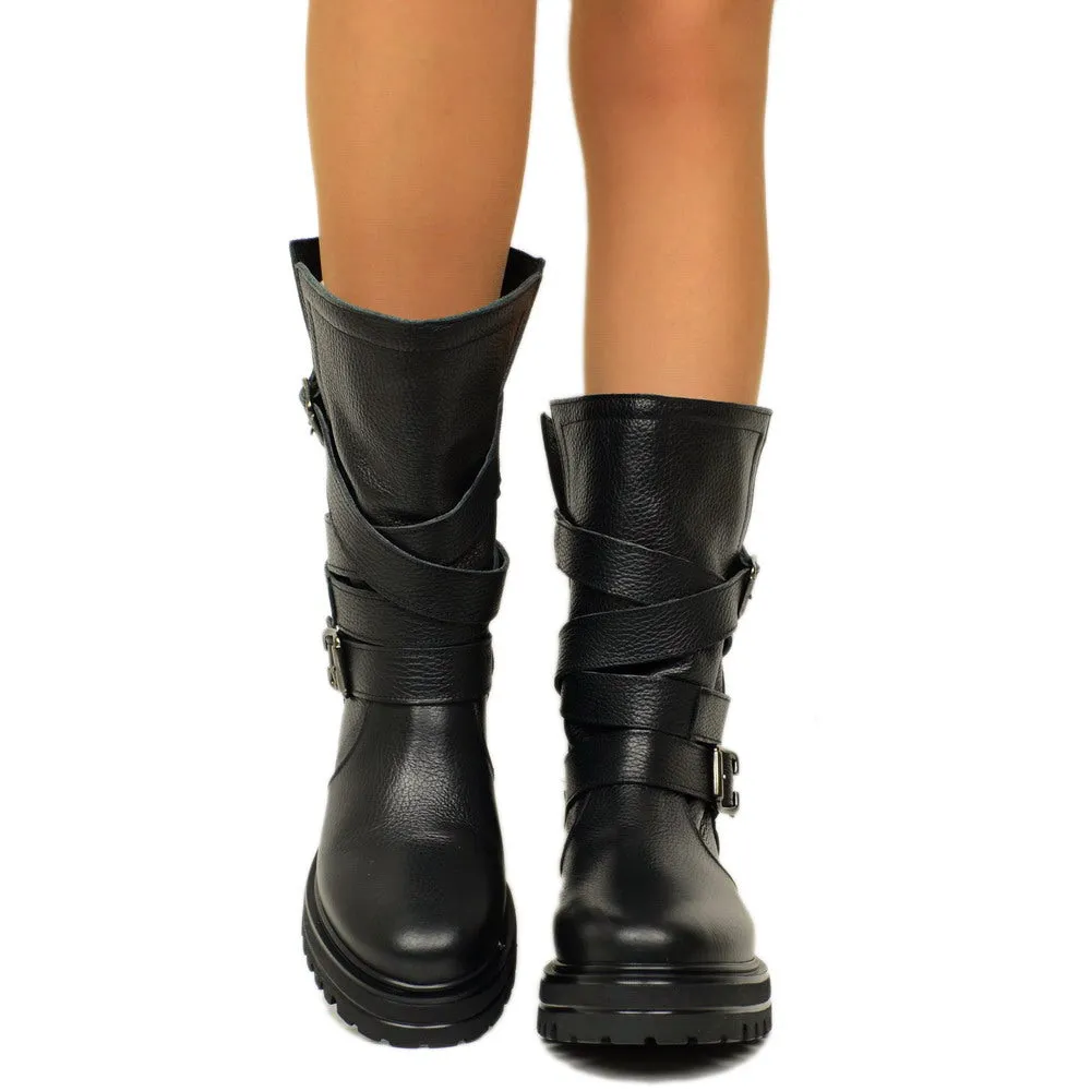 Biker Boots Donna in Pelle Bottalata Made in Italy con Fibbie