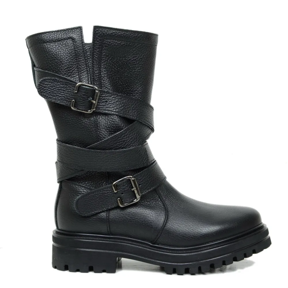 Biker Boots Donna in Pelle Bottalata Made in Italy con Fibbie