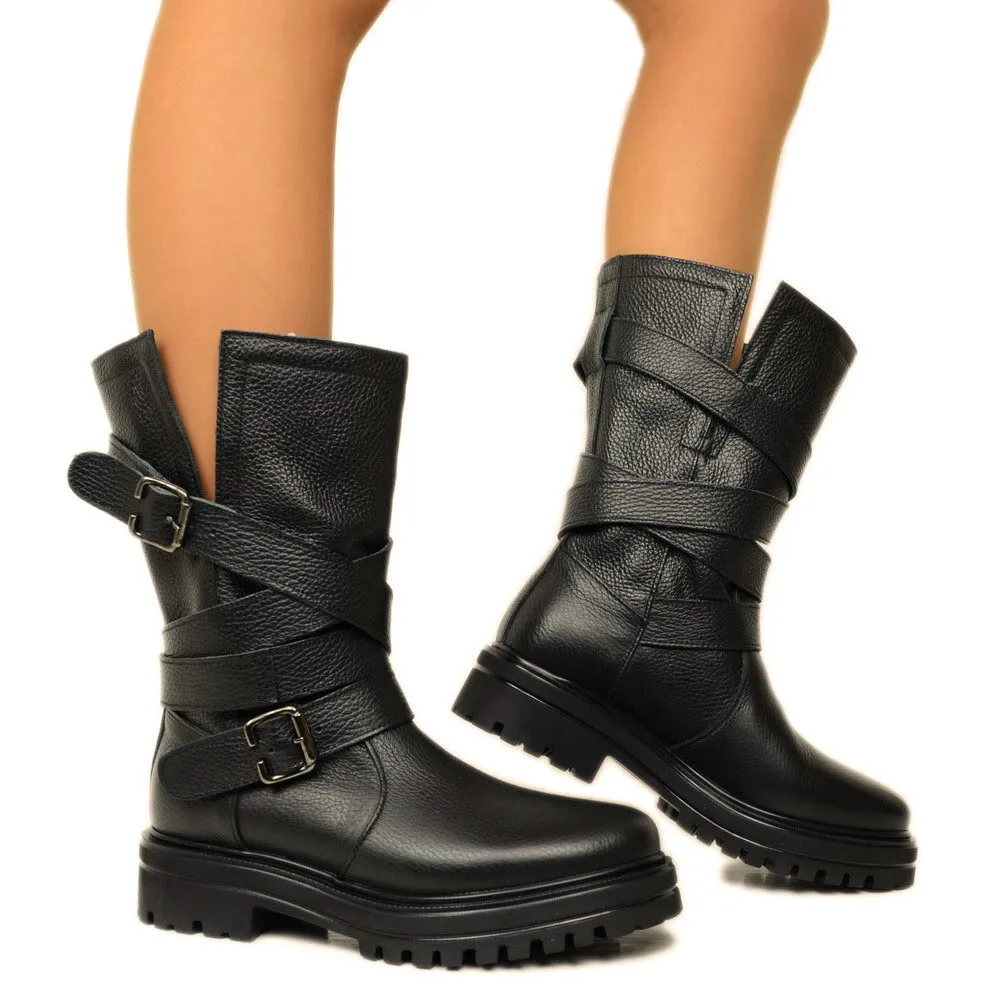 Biker Boots Donna in Pelle Bottalata Made in Italy con Fibbie