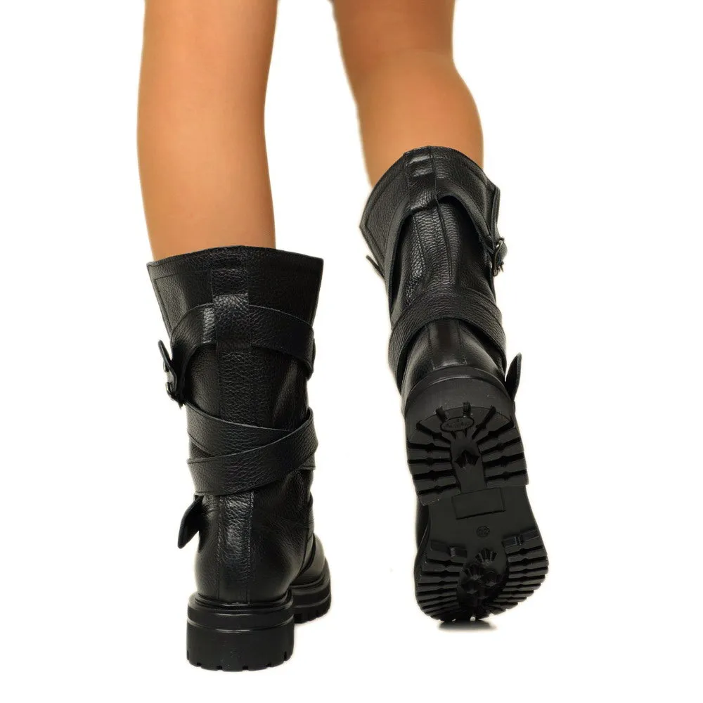 Biker Boots Donna in Pelle Bottalata Made in Italy con Fibbie