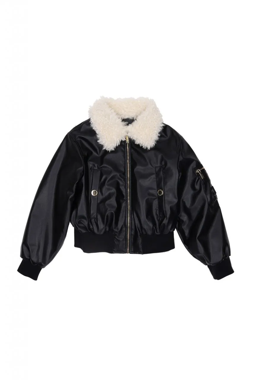Bomber in ecopelle con colletto pelliccia Nero