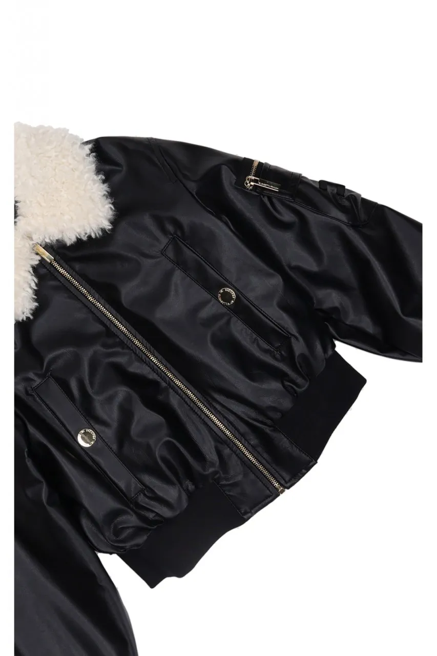 Bomber in ecopelle con colletto pelliccia Nero
