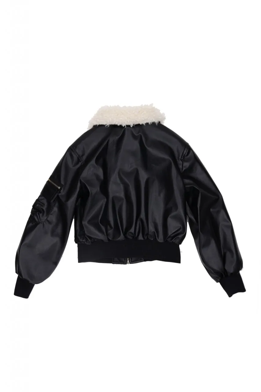 Bomber in ecopelle con colletto pelliccia Nero