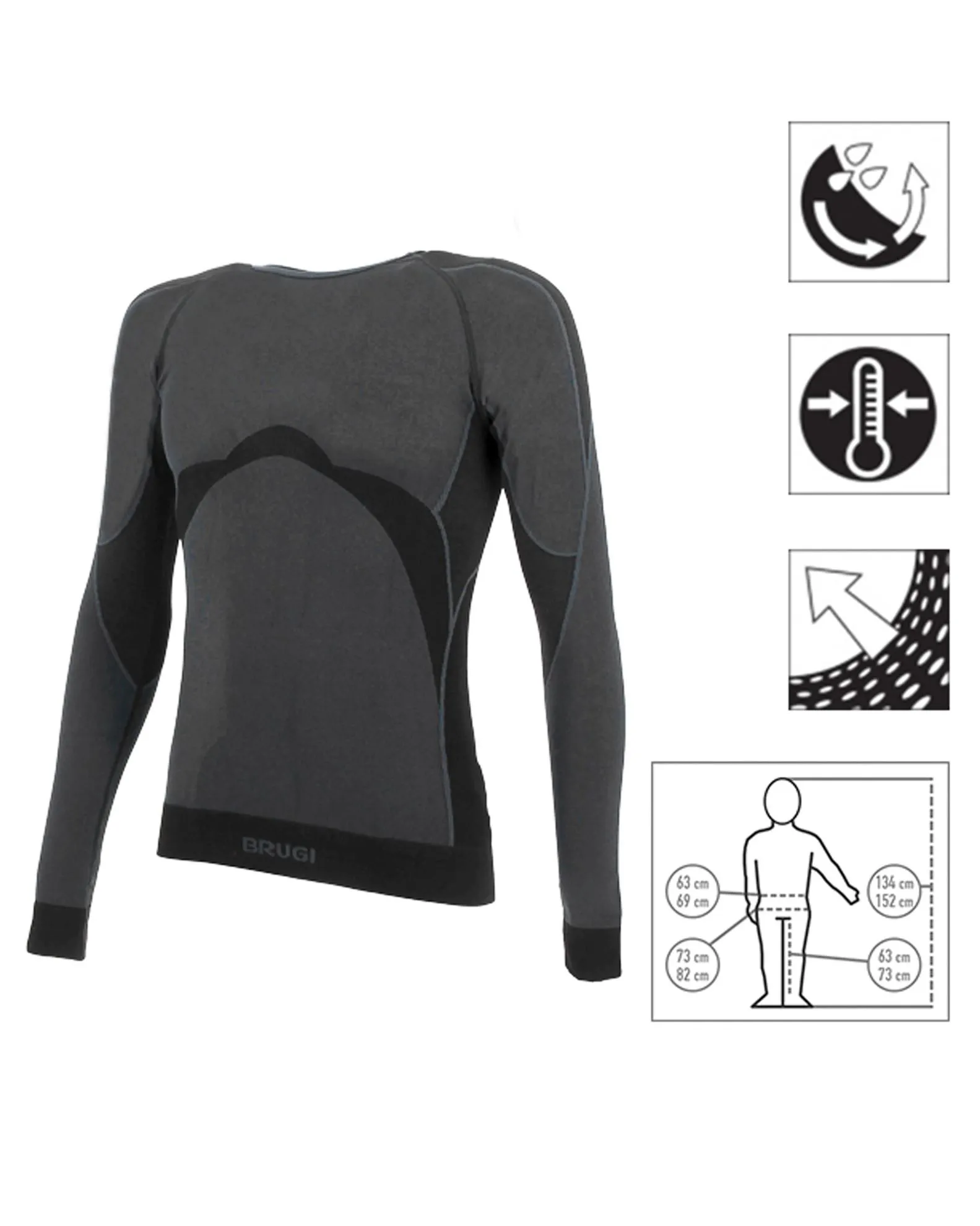 BRUGI - Maglia da uomo grigia e nera termica girocollo traspirante senza cuciture                                            Pre