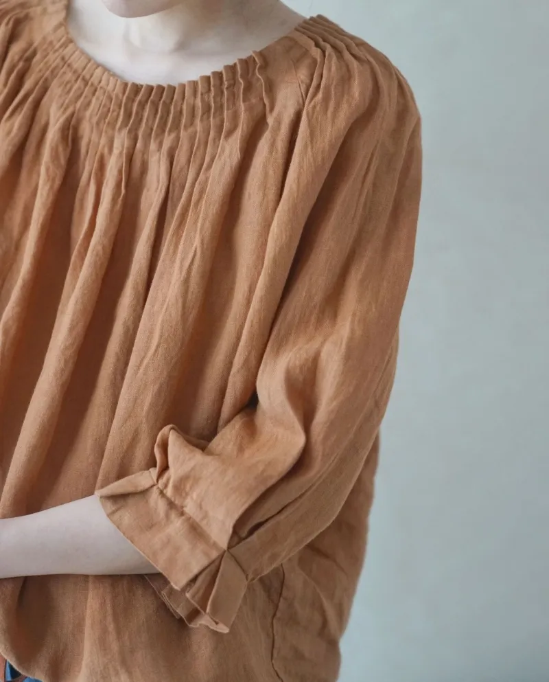 Camicia di lino allentata a pieghe a fisarmonica francese Top a pieghe più romantiche retrò