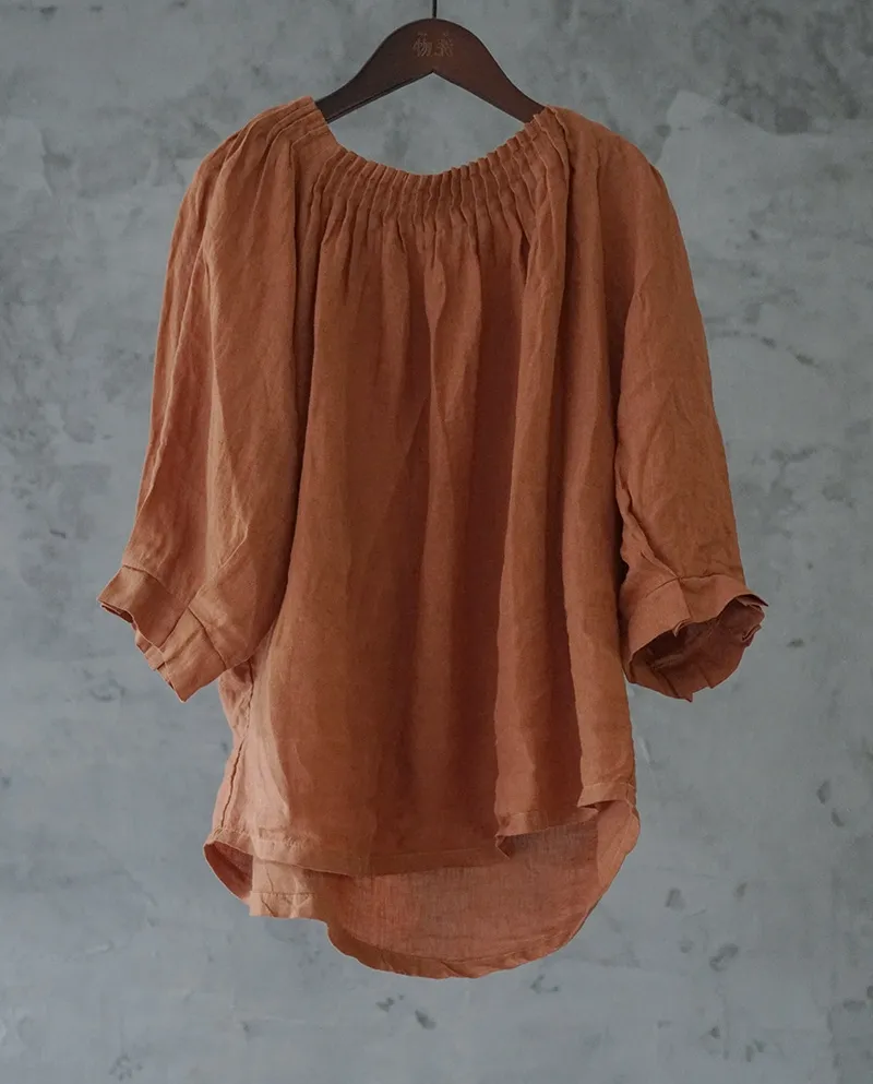 Camicia di lino allentata a pieghe a fisarmonica francese Top a pieghe più romantiche retrò