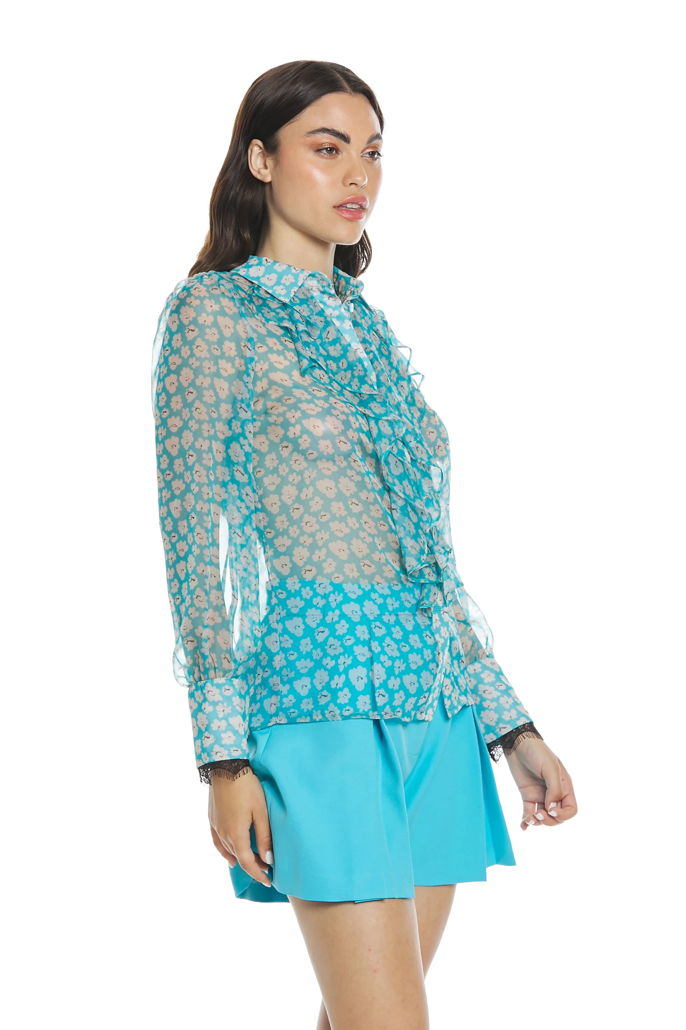 Camicia DIOPTA manica lunga con bordo pizzo più rouches fantasia fiori