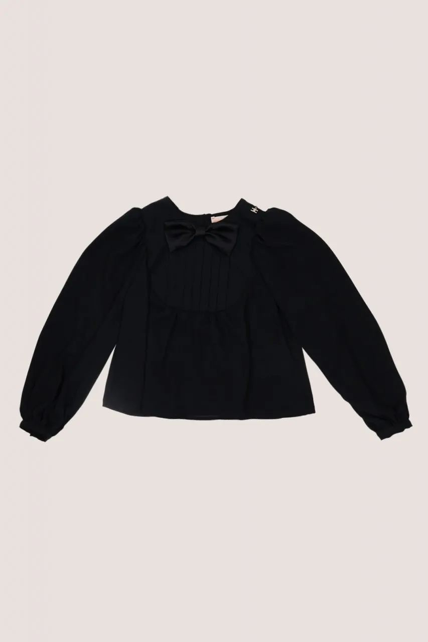 Camicia in georgette con plastron e fiocco Nero