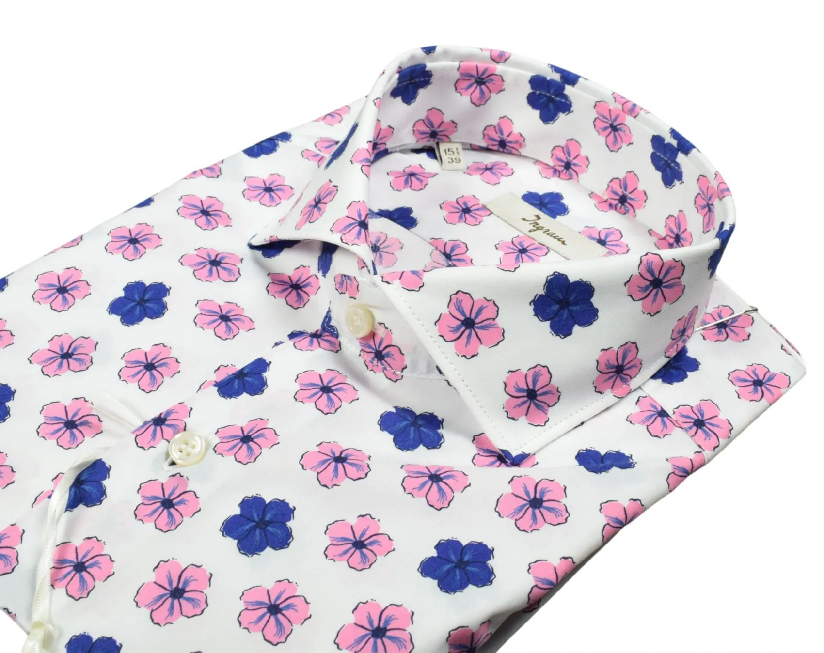 Camicia ingram fantasia floreale blu e rosa in puro cotone slim fit