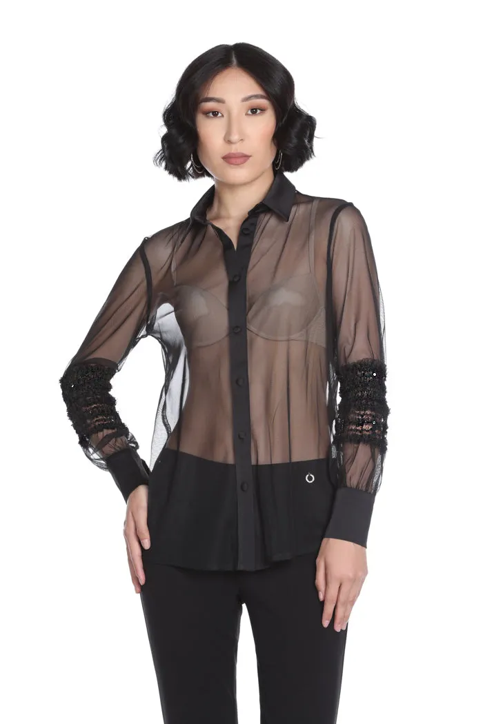 Camicia ROSTERA manica lunga con arricci più paillettes con bordi più bottoncini raso tulle