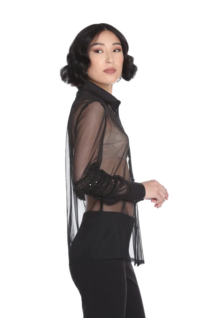 Camicia ROSTERA manica lunga con arricci più paillettes con bordi più bottoncini raso tulle