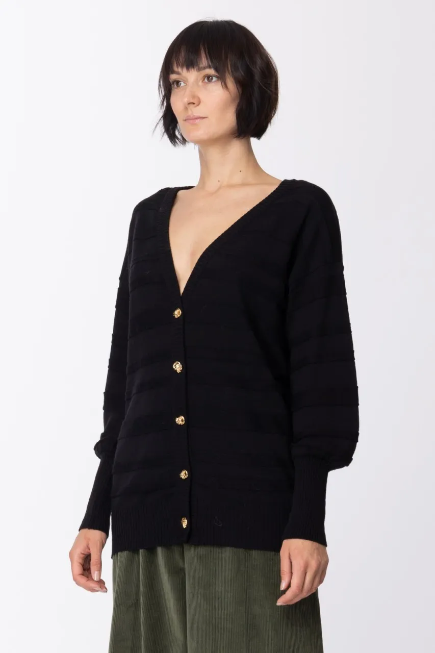 Cardigan con bottoni dorati e costine Nero