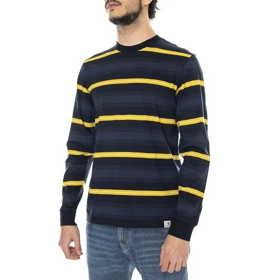 CARHARTT WIP L/S Buren T-Shirt Buren Stripe, Dark Navy - Maglietta Girocollo Maniche Lunghe Uomo Blu / Multicolore    
