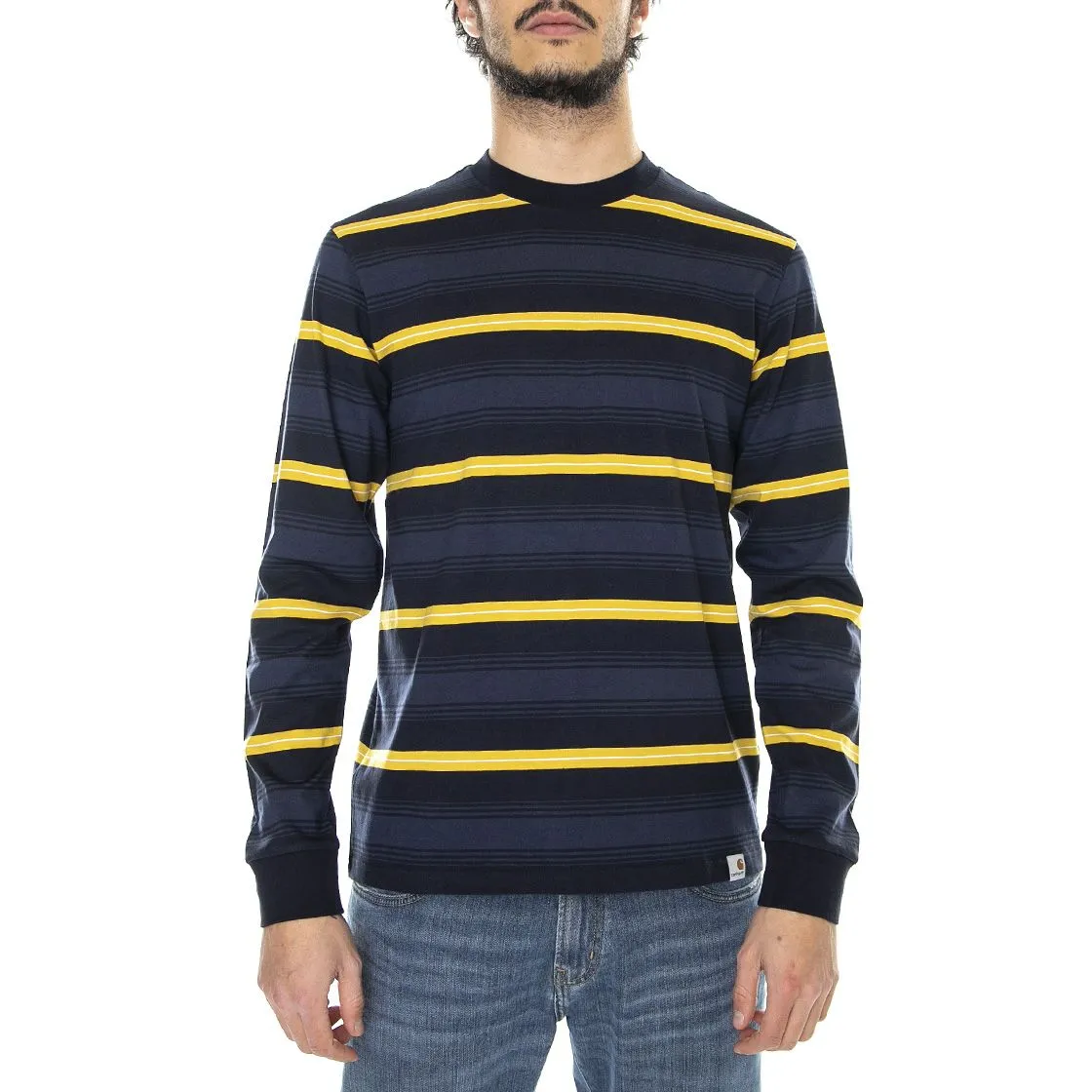 CARHARTT WIP L/S Buren T-Shirt Buren Stripe, Dark Navy - Maglietta Girocollo Maniche Lunghe Uomo Blu / Multicolore    