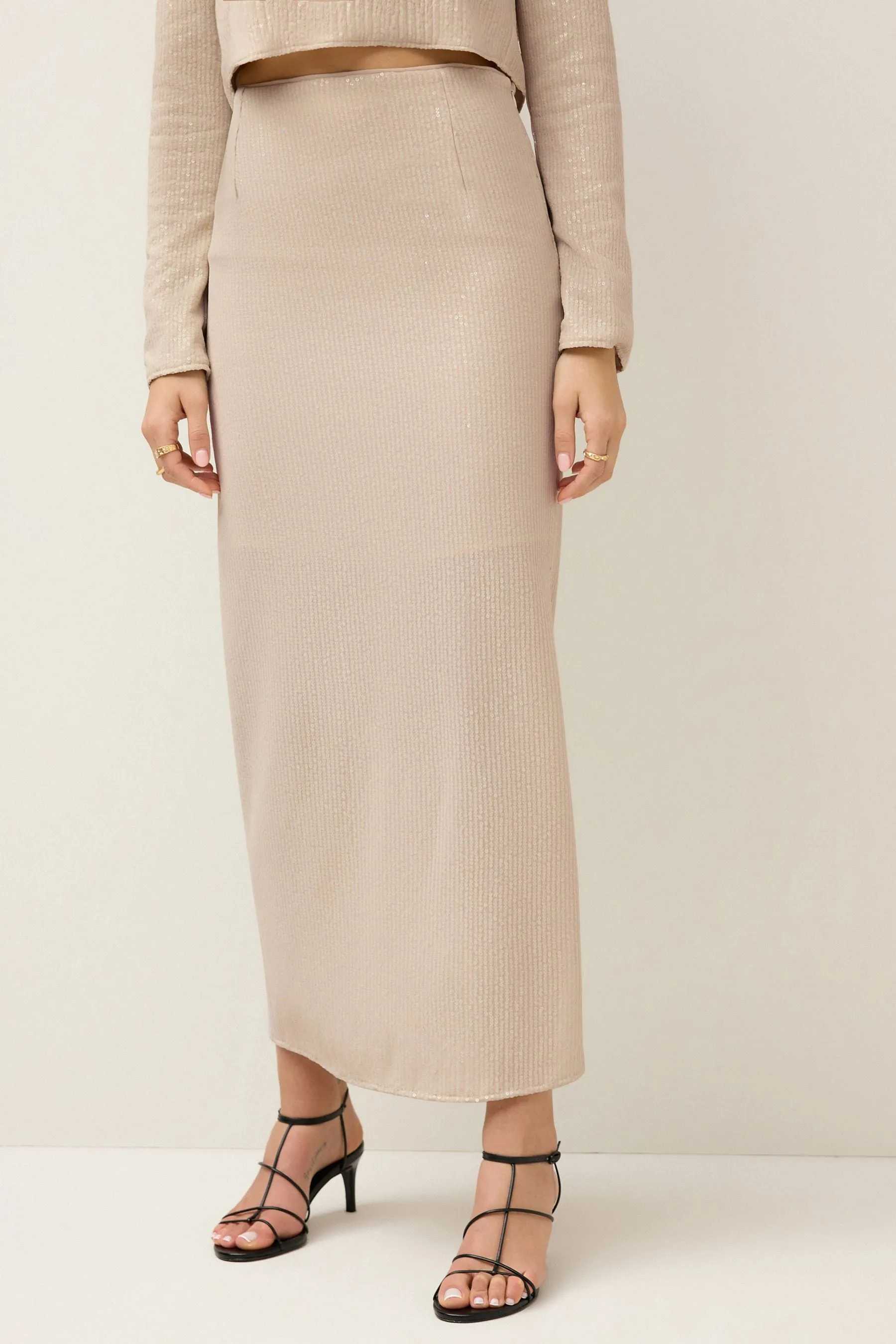 Crema  - Gonna midi con Paillettes a rete