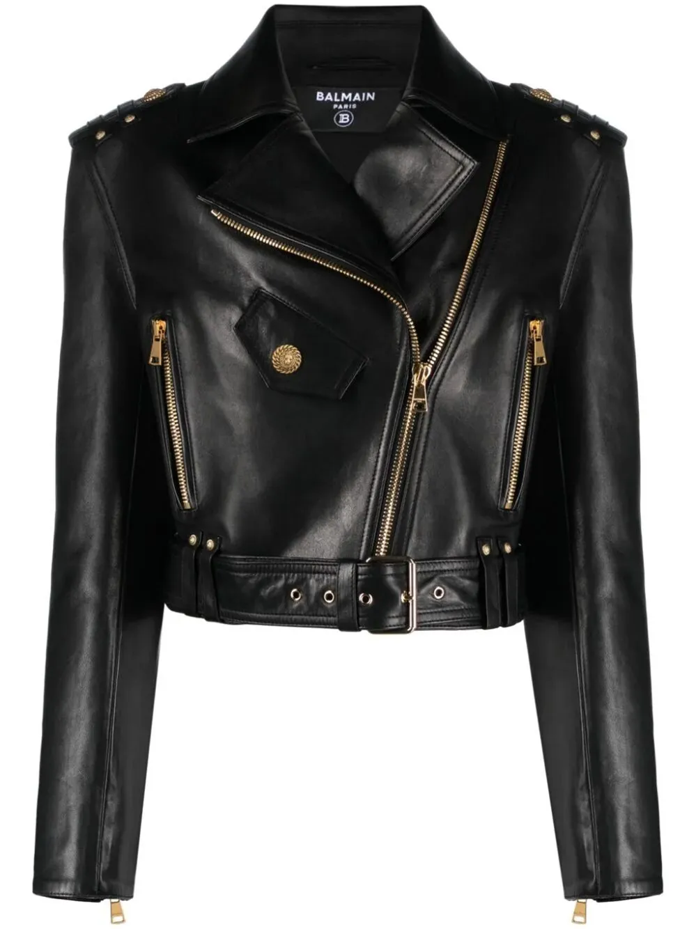 Cropped Belted Leather Biker Jacket