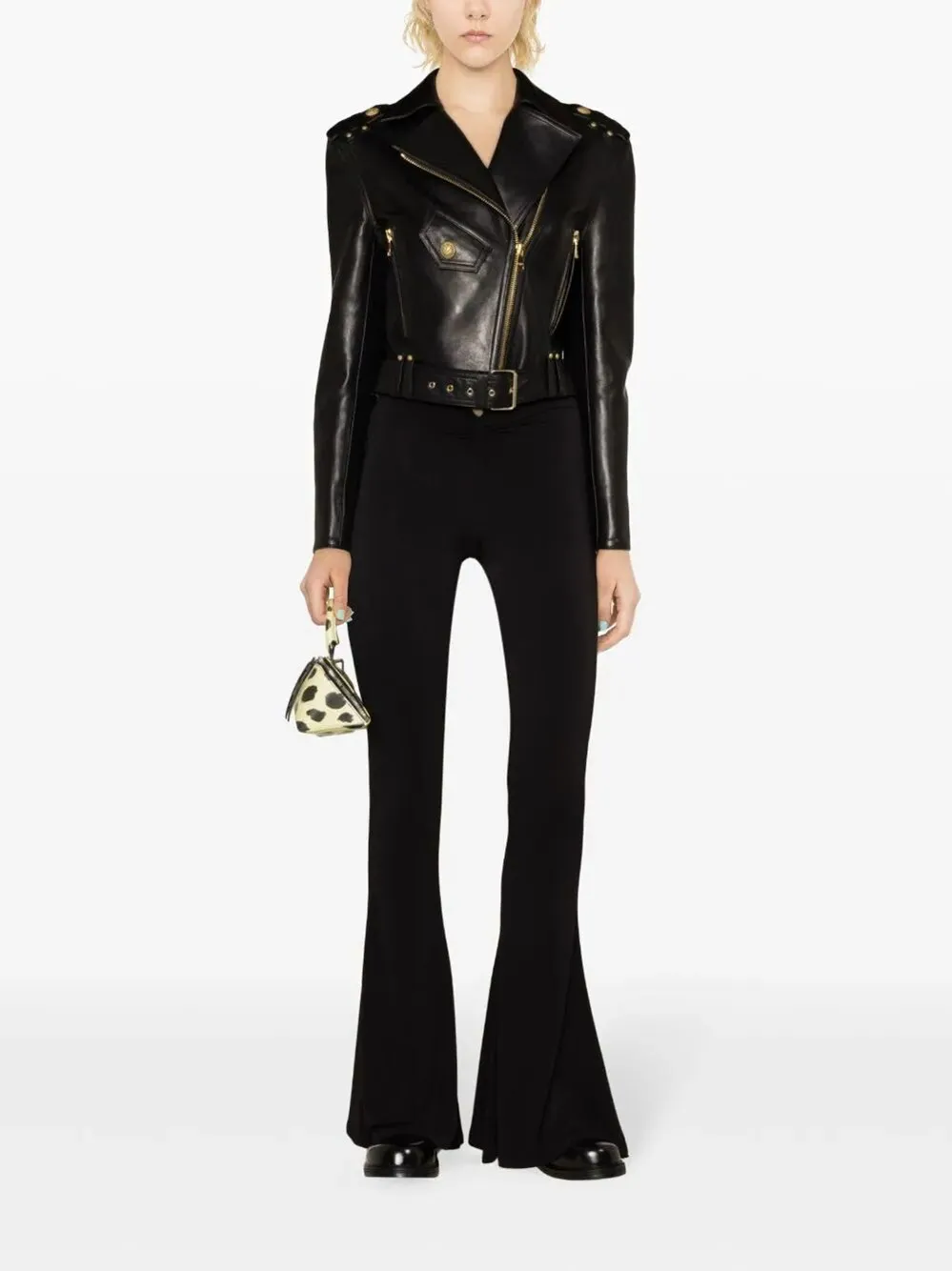 Cropped Belted Leather Biker Jacket