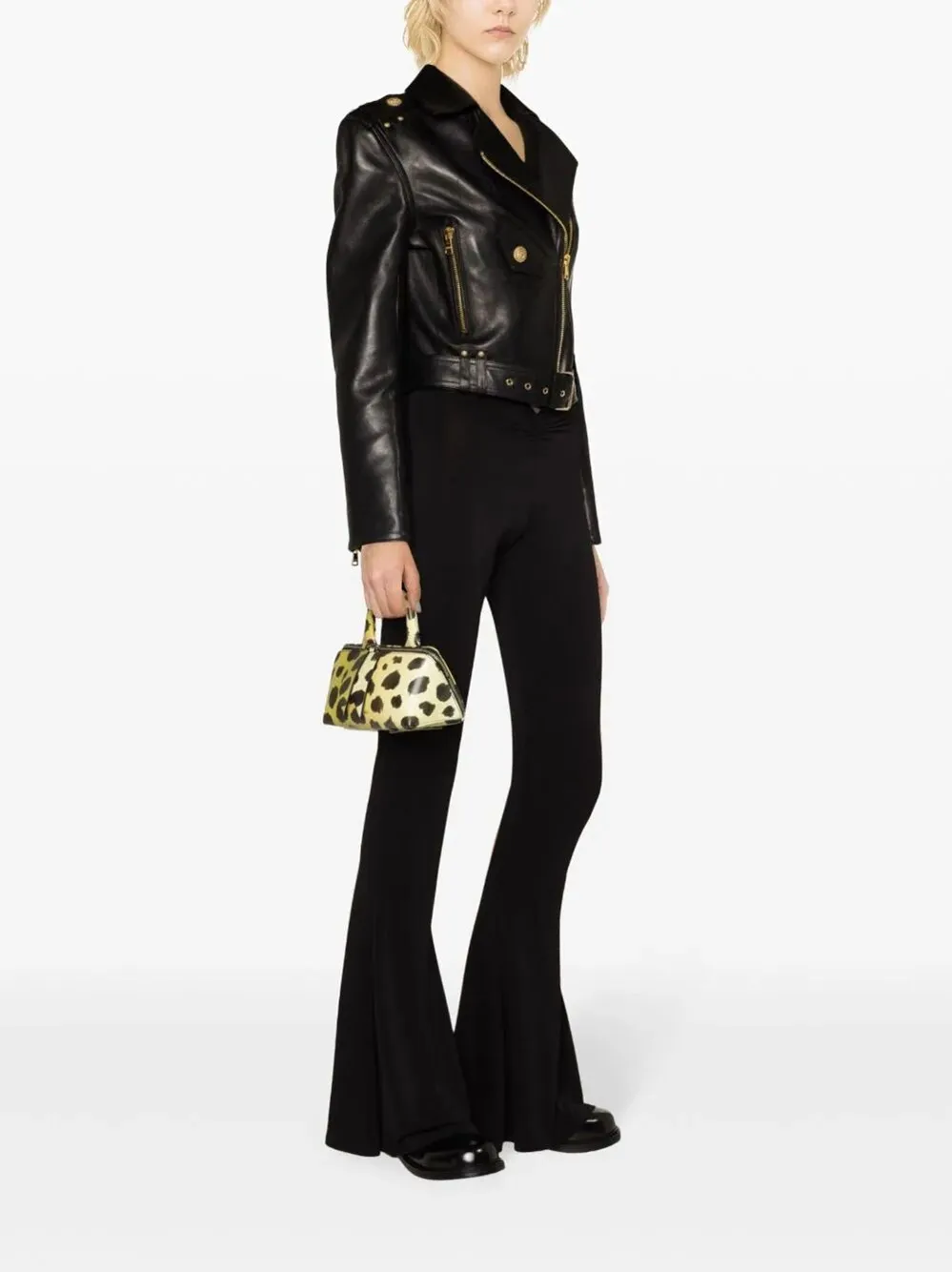 Cropped Belted Leather Biker Jacket