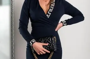Elegante abito midi con stampa geometrica, blu scuro