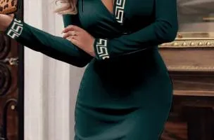 Elegante abito midi con stampa geometrica, verde scuro