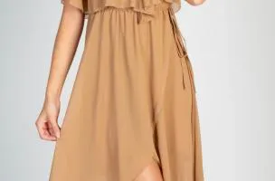 Elegante abito midi con volant e gonna pieghevole Barbados, beige