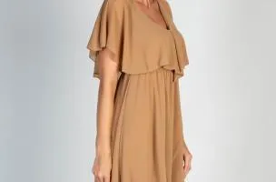 Elegante abito midi con volant e gonna pieghevole Barbados, beige