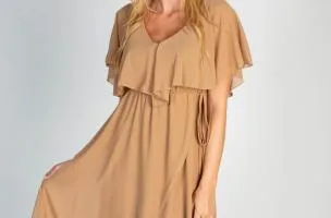 Elegante abito midi con volant e gonna pieghevole Barbados, beige