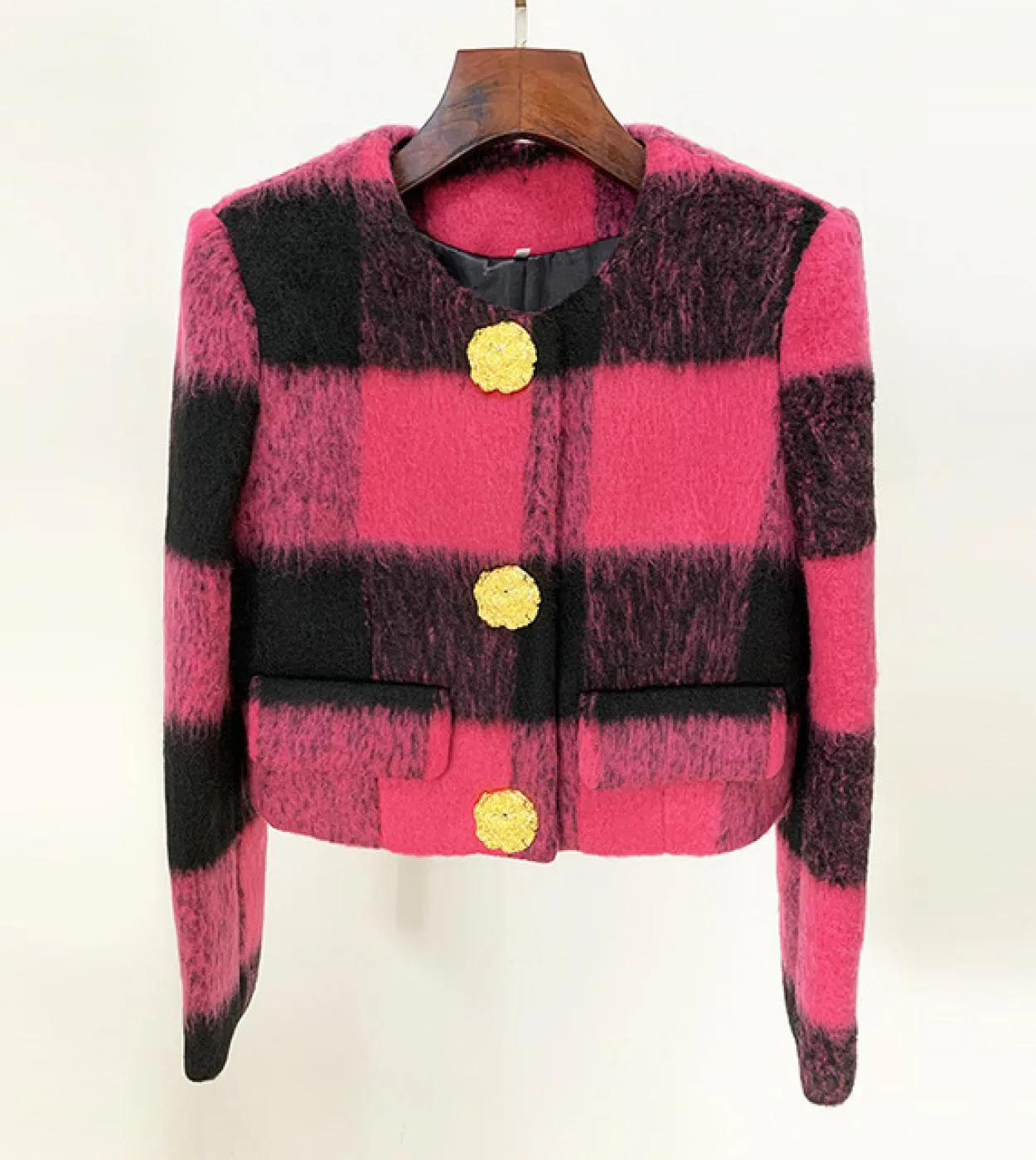 Giacca corta Hot Pink 2023 New Designer Irregular Big Gold Button Girocollo scozzese Giacca di lana Outfit Wool Blends Co