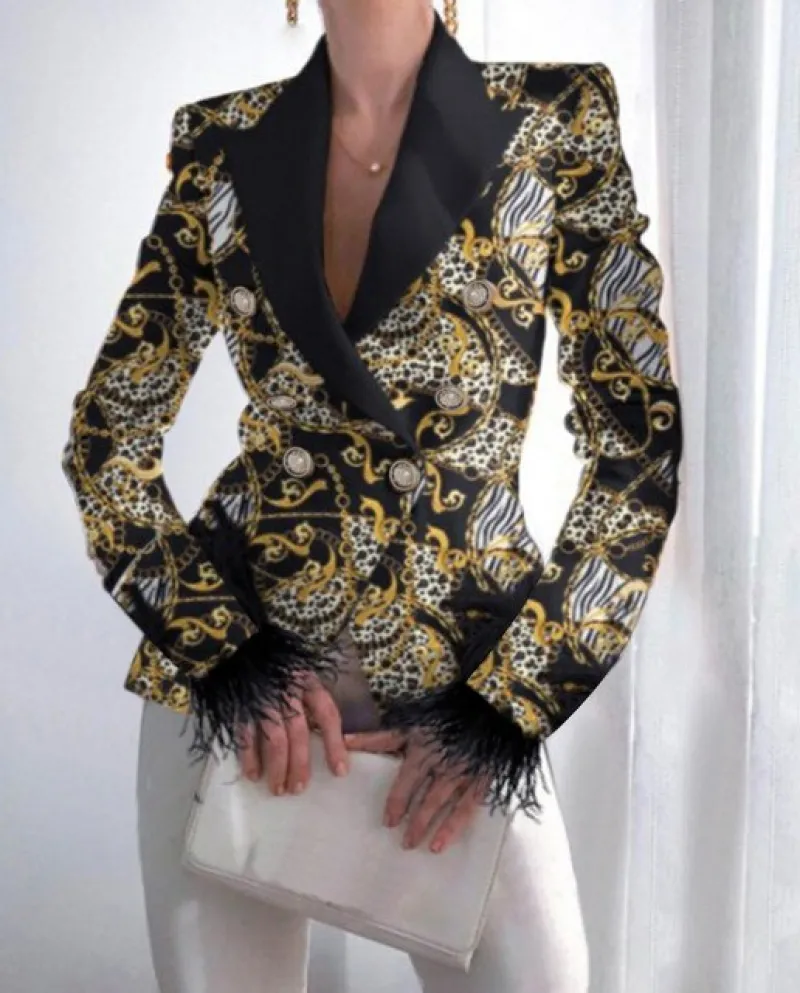 Giacca da donna elegante con colletto rovesciato Giacca da donna a maniche lunghe con piume sfocate alla moda Giacca sartoriale