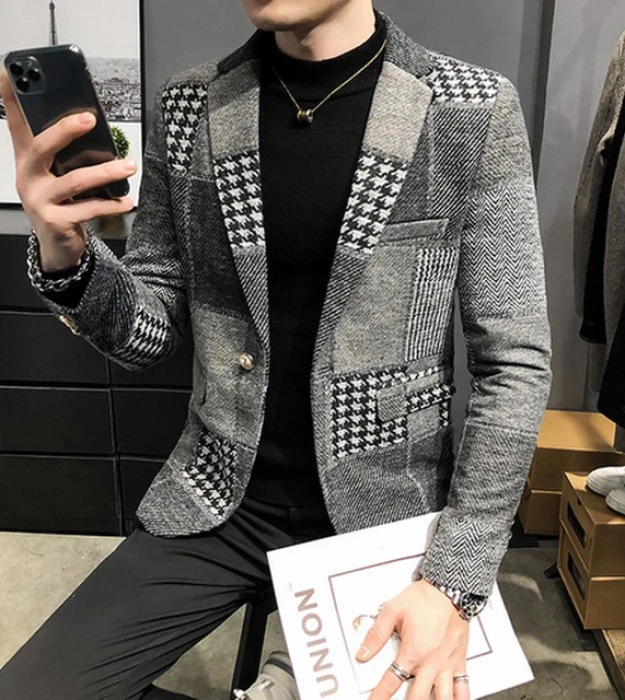 Giacca da uomo autunno e inverno scozzese più velluto di lana giacca a maniche lunghe casual sottile monopetto morbido di alta q