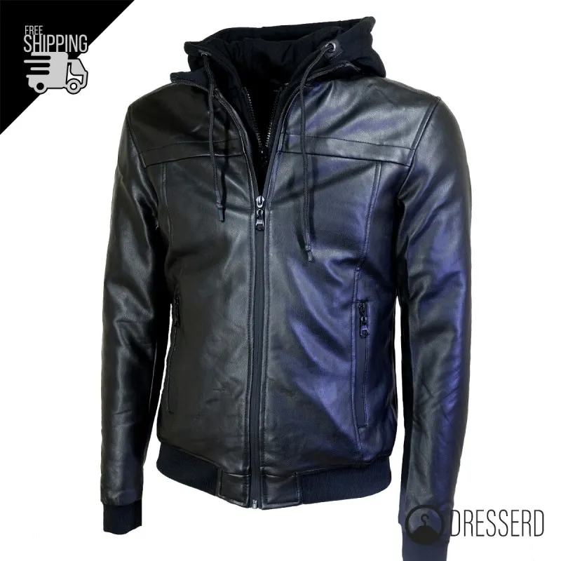 Giubbotto Uomo Ecopelle Cappuccio Felpa Smontabile Modello Invernale Giubbino Casual Dresserd