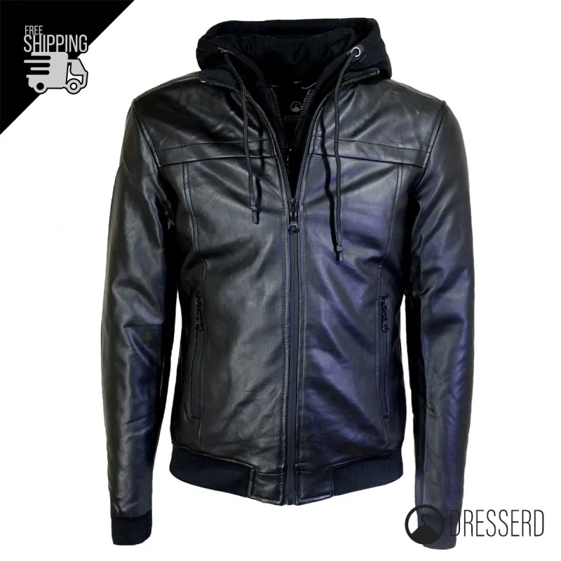 Giubbotto Uomo Ecopelle Cappuccio Felpa Smontabile Modello Invernale Giubbino Casual Dresserd