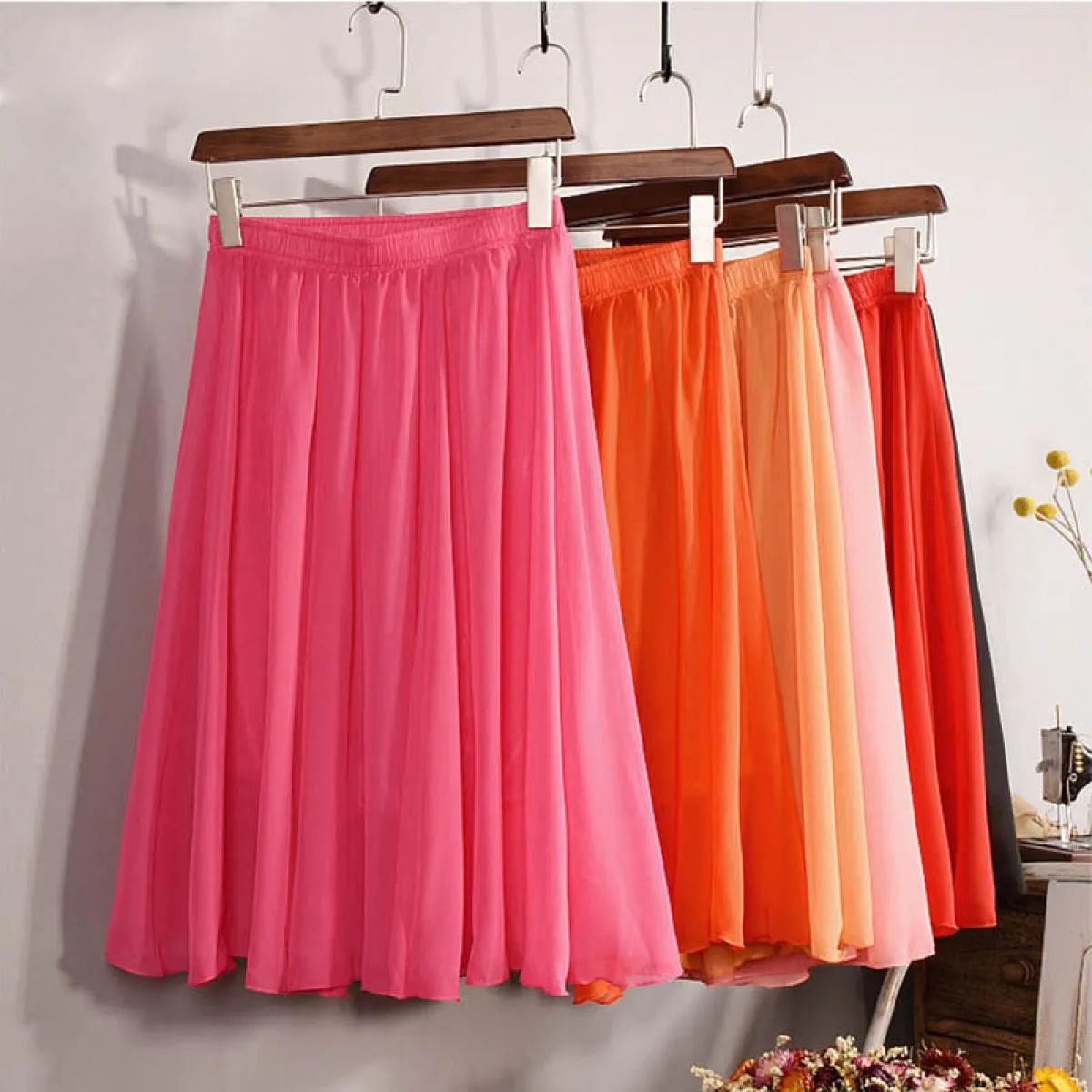 Gonna in chiffon a vita alta a 23 colori delle nuove donne di moda Gonna midi a pieghe a pieghe da spiaggia casual da donna esti