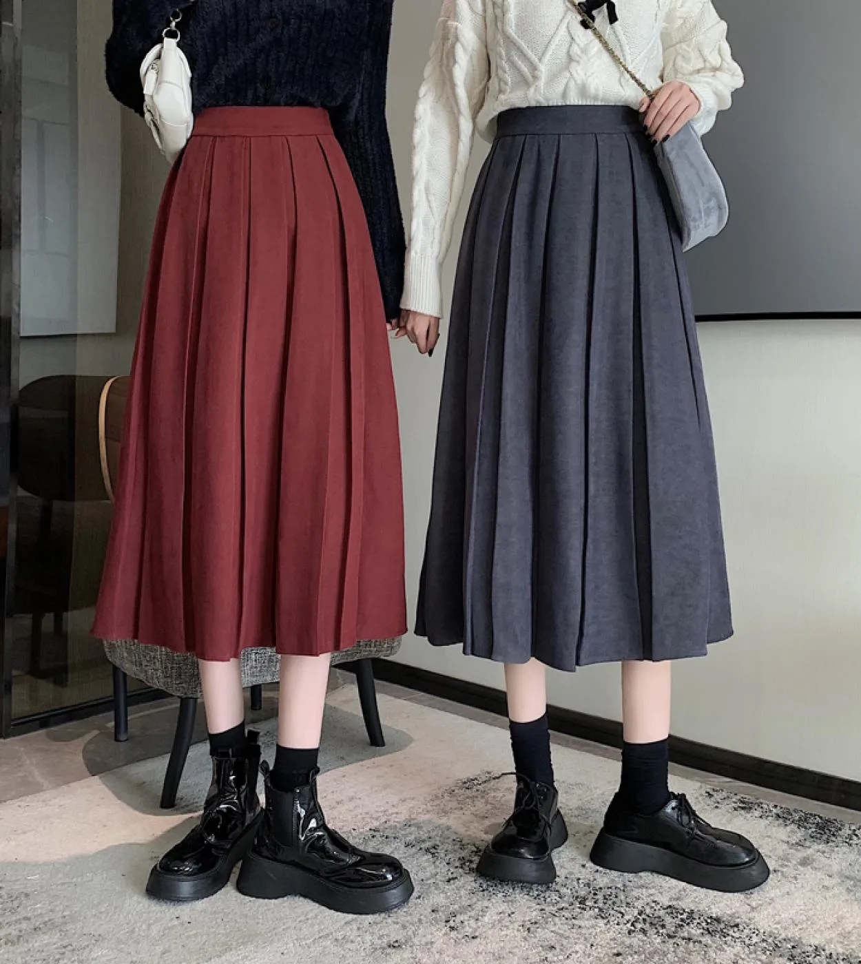 Gonna longuette donna 2022 primavera elegante gonne lunghe a pieghe moda ragazze gonna rossa a vita alta elastica gonne autunnal