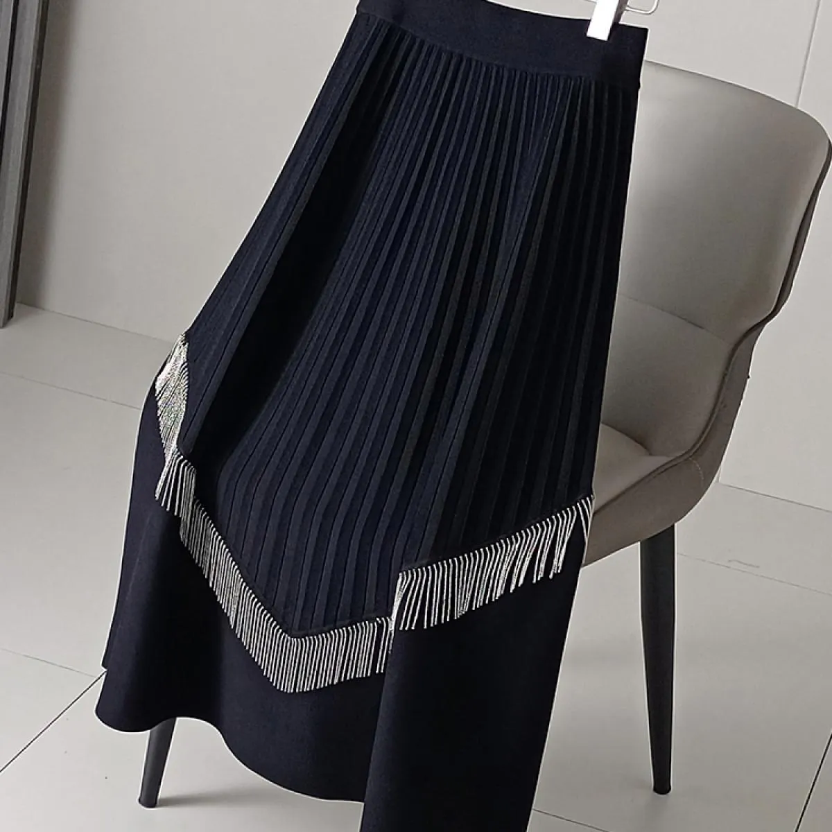 Gonna lunga midi con perline nappa moda donna vita alta anti pilling lavorata a maglia drappeggiata gonna a pieghe 2023 autunno