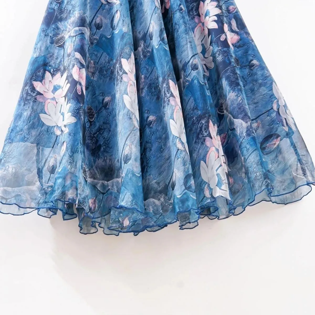 Gonna maxi retrò in chiffon a doppio strato con pieghe floreali in vita elastica classica da donna, gonna leggera da spiaggia fl